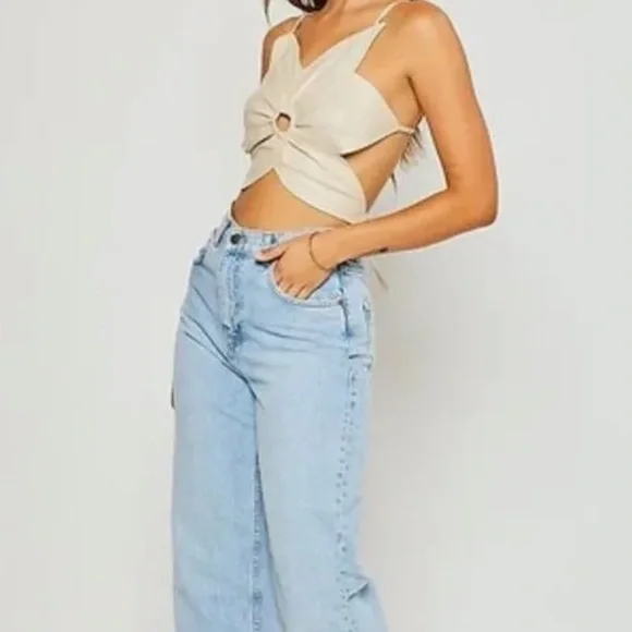 Faux Leather Cream Backless Strappy Top - Picture 2 of 6